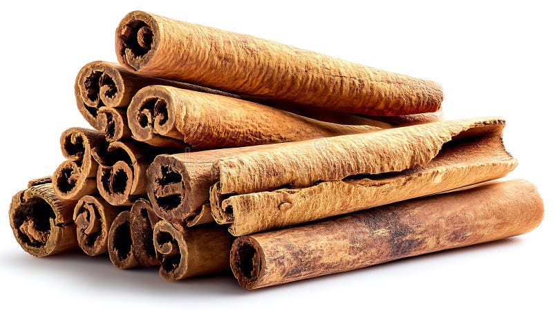 Pyramid stack of rolled cinnamon sticks on a white background