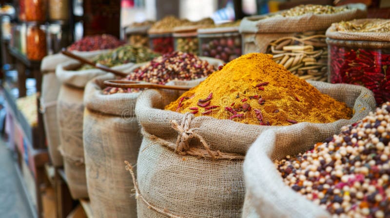 Traditional spice market stall with sacks of turmeric, chilies and mixed spices