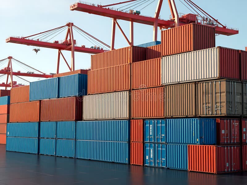 Colorful shipping containers stacked at a port with cranes