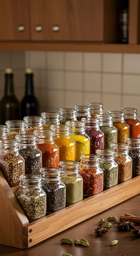 Glass spice jars on a wooden rack with assorted dried spices