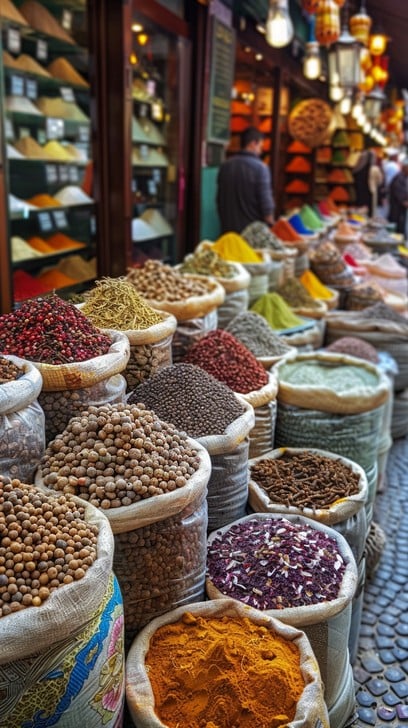Colorful sacks of spices at a traditional market bazaar