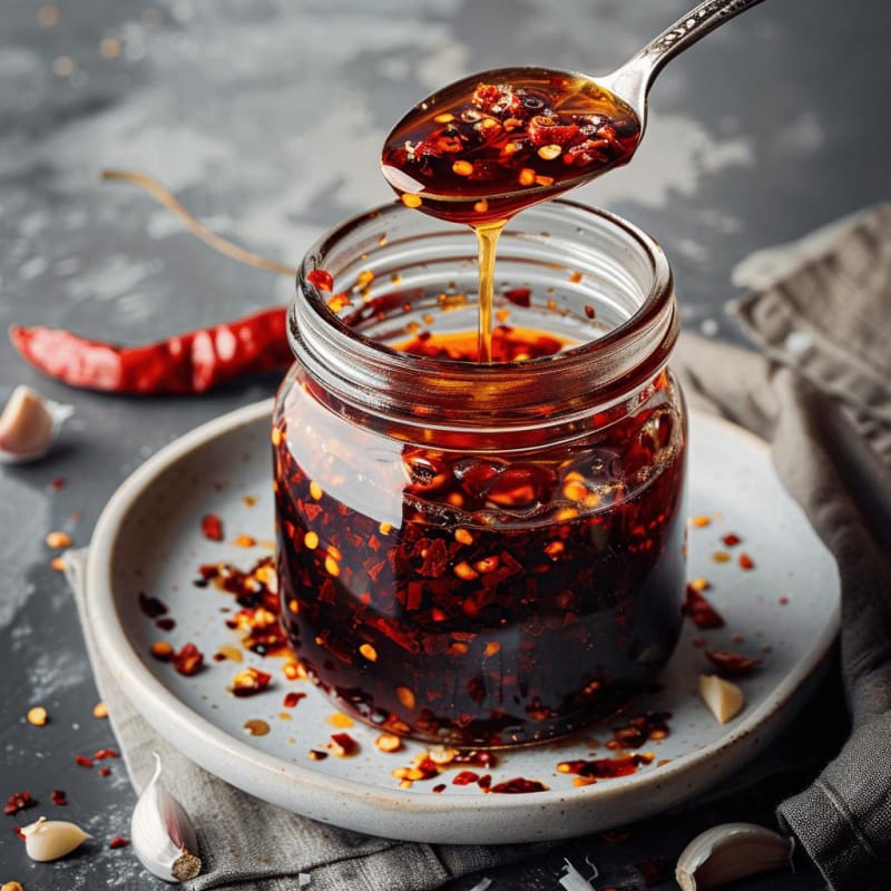 Glass jar of chili oil with Sichuan peppercorns, a spoon dripping oil above it