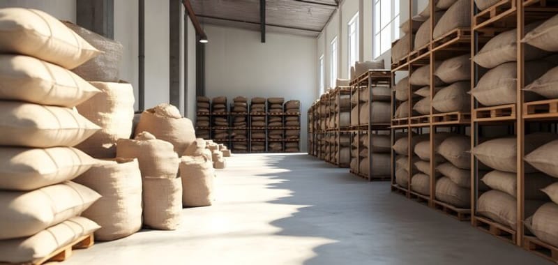 Spacious warehouse with stacked jute bags on wooden pallets under natural light
