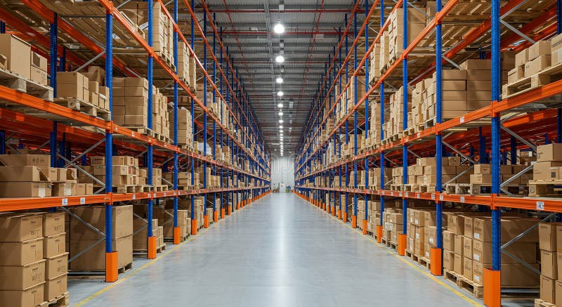 Wide aisle in a modern warehouse with pallet racks stacked with boxes