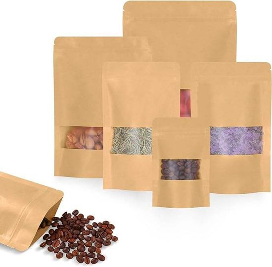 Kraft paper stand-up pouches with clear windows showing dried botanicals and coffee beans