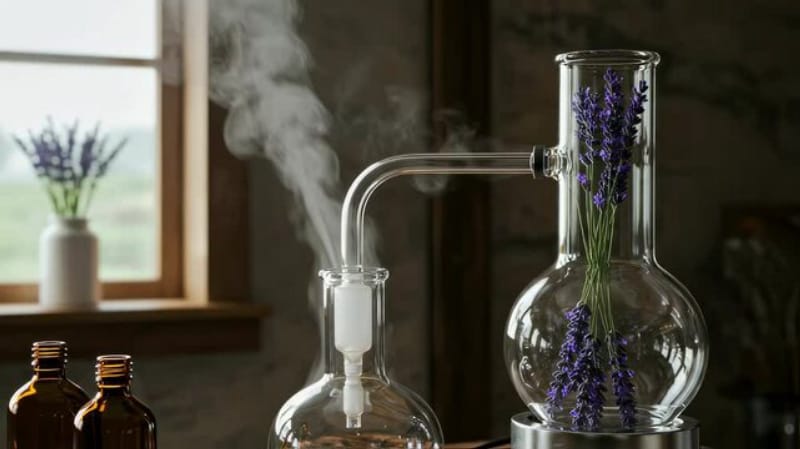 Glass distillation apparatus extracting essential oil with steam